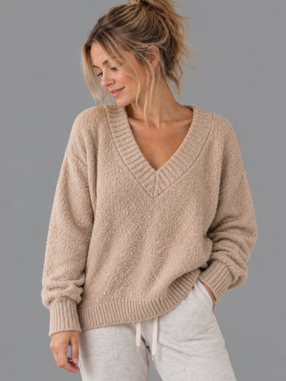 Aerie Teddy Bouclé Sweater V Neck Fuzzy Cozy Lounge Oversized Tan Women's Size S